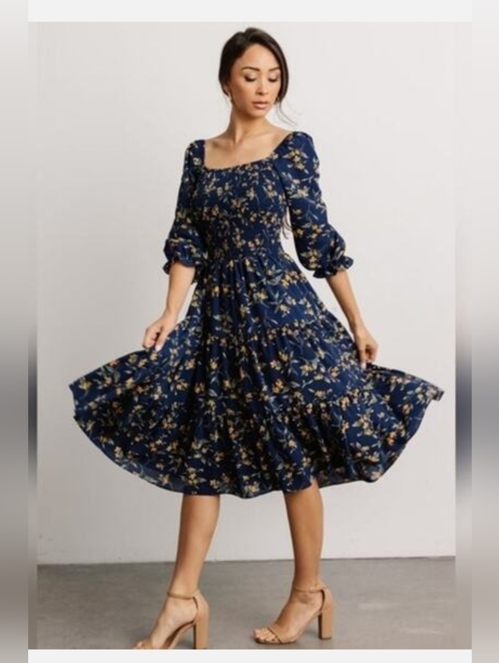 Baltic Born Marta Navy Floral Smocked Dress with Yellow Flowers